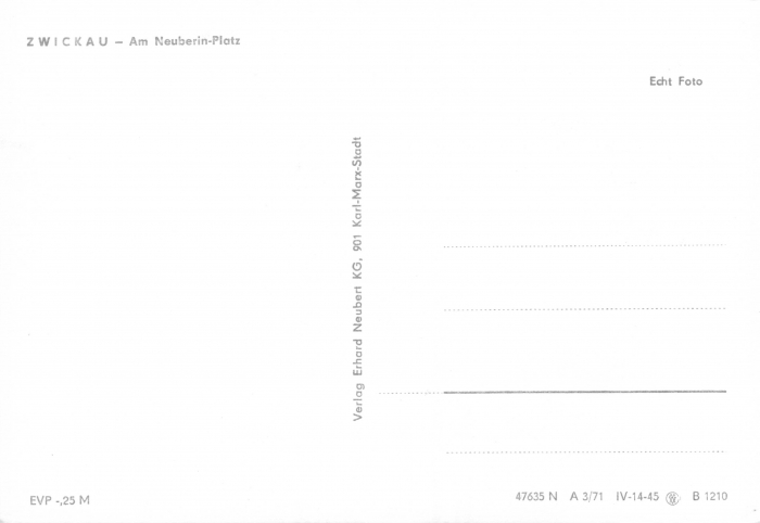 Rückansicht - Zwickau - Dünnebier am Neuberin-Platz, 1971 - Dünnebier Haus, Neuberin-Platz in Zwickau Postkarte sehr selten!