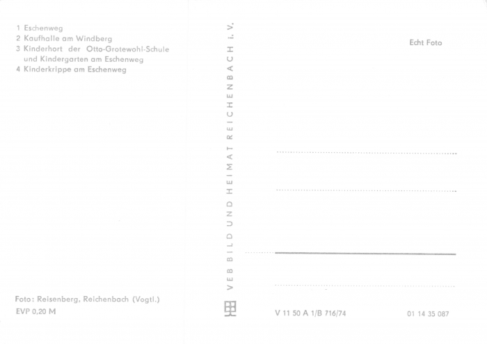 Rückansicht - Zwickau - Eschenweg, 1981 - 4 Motive - Eschenweg, Kaufhalle am Windberg, Kinderhort und Kinderkrippe ungelaufen, Rückseite leer!