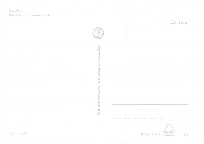 Rückansicht - Zwickau - Fontäne im Schwanenteich, 1968 - Ansichtskarte zum Kaufen ungelaufen, Rückseite leer!