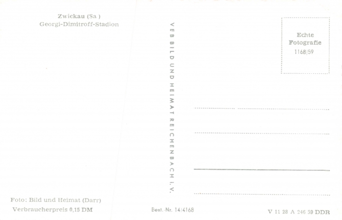 Rückansicht - Zwickau - Georgi-Dimitroff-Stadion, 1959 - Ansichtskarte zum Kaufen ungelaufen, Rückseite leer!