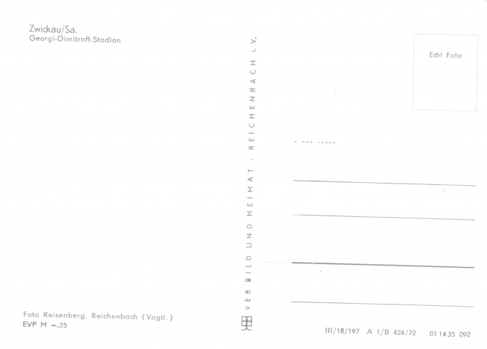 Rückansicht - Zwickau - Georgi-Dimitroff-Stadion (Westsachsenstadion), 1972 - Ansichtskarte zum Kaufen ungelaufen, Rückseite leer!