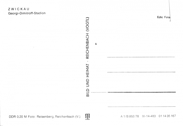 Rückansicht - Zwickau - Georgi-Dimitroff-Stadion (Westsachsenstadion), 1978 - Ansichtskarte zum Kaufen ungelaufen, Rückseite leer!