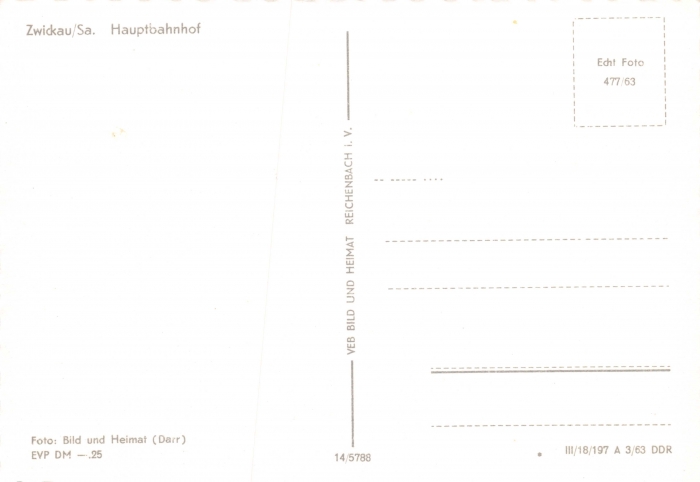 Rückansicht - Zwickau - Hauptbahnhof, 1963 - Ansichtskarte zum Kaufen ungelaufen, Rückseite leer!