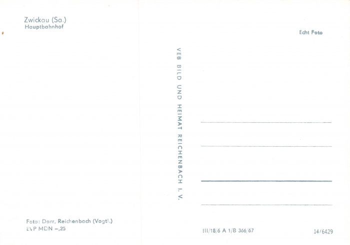 Rückansicht - Zwickau - Hauptbahnhof, 1967 - alte Schwarz-Weiß-Postkarte ungelaufen, Rückseite leer!