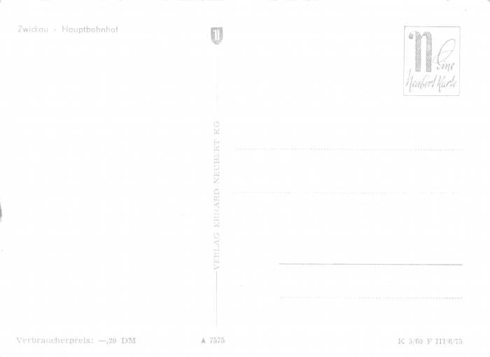Rückansicht - Zwickau - Hauptbahnhof, 1975 - Ansichtskarte zum Kaufen ungelaufen, Rückseite leer!