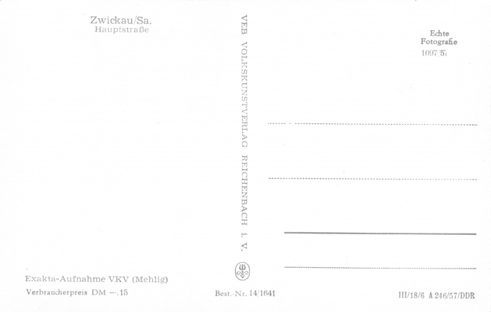 Rückansicht - Zwickau - Hauptstraße, 1957 - schöne Ansichtskarte der Hauptstraße zum Kaufen Postkarte sehr selten!