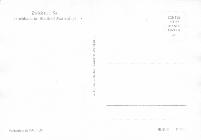 Rückansicht - Zwickau - Hochhaus im Stadtteil Marienthal, 1961 - Ansichtskarte zum Kaufen ungelaufen, Rückseite leer!