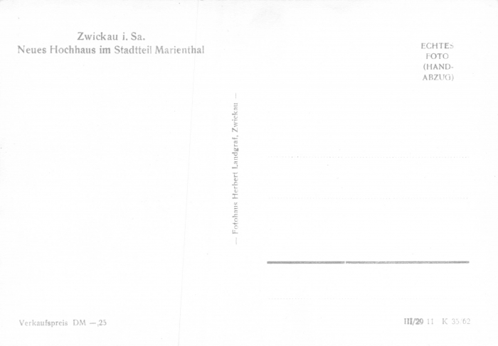 Rückansicht - Zwickau - Hochhaus im Stadtteil Marienthal, 1962 - Ansichtskarte zum Kaufen ungelaufen, Rückseite leer!