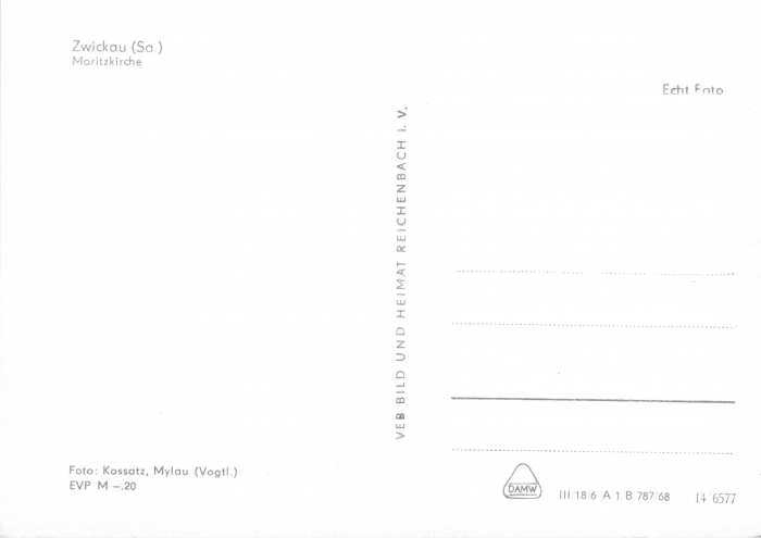 Rückansicht - Zwickau - Moritzkirche, 1968 - Historische Ansichtskarte zum Kaufen ungelaufen, Rückseite leer!