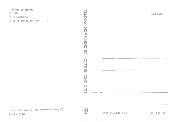 Rückansicht - Zwickau - Neuplanitz, 1977 - Kinderspielplatz, Teilansicht, Leninstraße, Versorgungszentrum ungelaufen, Rückseite ist leer