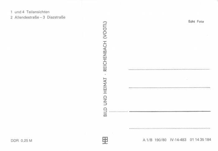 Rückansicht - Zwickau - Neuplanitz, 1980 - Teilansichten von Neuplanitz, Allendenstraße und Diazstraße ungelaufen, Rückseite der Ansichtskarte ist leer