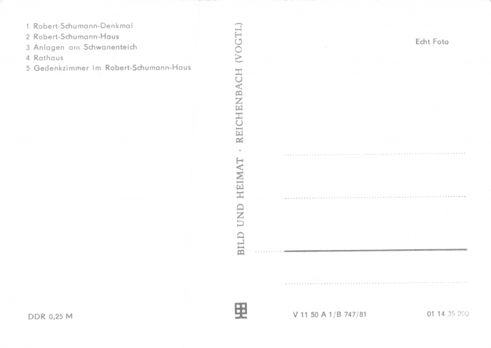 Rückansicht - Zwickau - Robert-Schumann-Haus, 1981 - 5 Motive - Robert-Schumann-Denkmal, Robert-Schumann-Haus, Anlagen am Schwanenteich, Rathaus und Gedenkzimmer im Robert-Schumann-Haus ungelaufen, Rückseite leer!