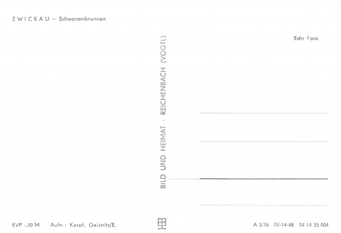 Rückansicht - Zwickau - Schwanenbrunnen, 1976 - Ansichtskarte zum Kaufen ungelaufen, Rückseite leer!