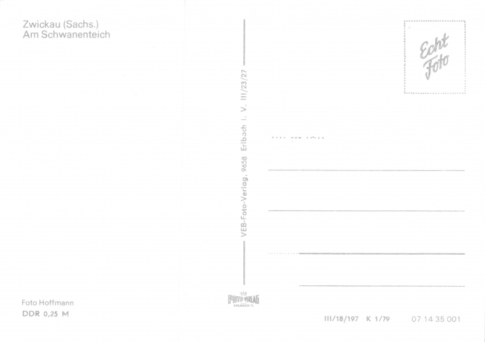 Rückansicht - Zwickau - Schwanenteich, 1979 - Ansichtskarte zum Kaufen ungelaufen, Rückseite leer!