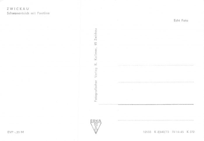 Rückansicht - Zwickau - Schwanenteich mit Fontäne, 1973 - Ansichtskarte zum Kaufen ungelaufen, Rückseite leer!