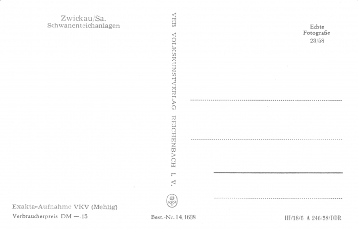Rückansicht - Zwickau - Schwanenteichanlagen, 1958 - alte Schwarz-Weiß-Postkarte Postkarte sehr selten!