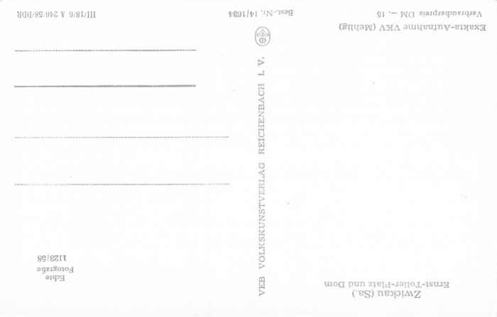 Rückansicht - Zwickauer Dom, 1958 - Ernst-Toller-Platz und Dom St. Marien ungelaufen, Rückseite leer!