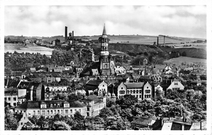 Vorderansicht - Blick über Zwickau Dom, 1954 - eine tolle Ansichtskarte mit Essen im Hintergrund Echte Fotografie