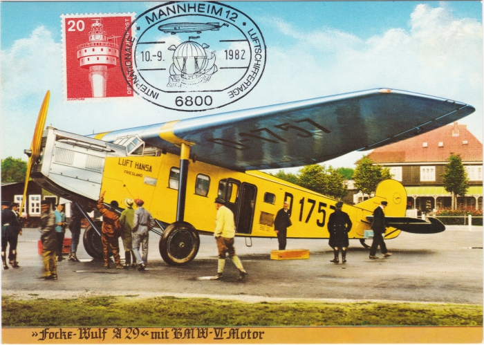 Vorderansicht - Focke-Wulf A29 - Internationale Luftschiffertage in Mannheim, 1982 Sonderstempel 10.9.1982