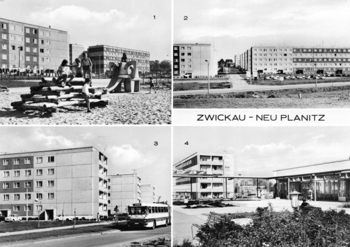 Vorderansicht - Zwickau - Neuplanitz, 1977 - Kinderspielplatz, Teilansicht, Leninstraße, Versorgungszentrum Neubaugebiet mit 4 Motiven