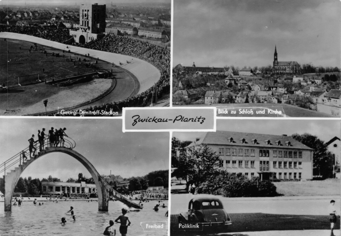 4 Motive, wie das Georgi-Dimitroff-Stadion, Blick zu Schloß und Kirche, Freibad und Poliklinik