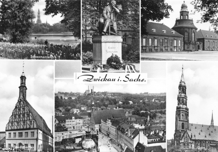 6 Motive - Schwanenteich, Robert-Schumann-Denkmal, Museum, Stadttheater, Blick vom Dom, Dom