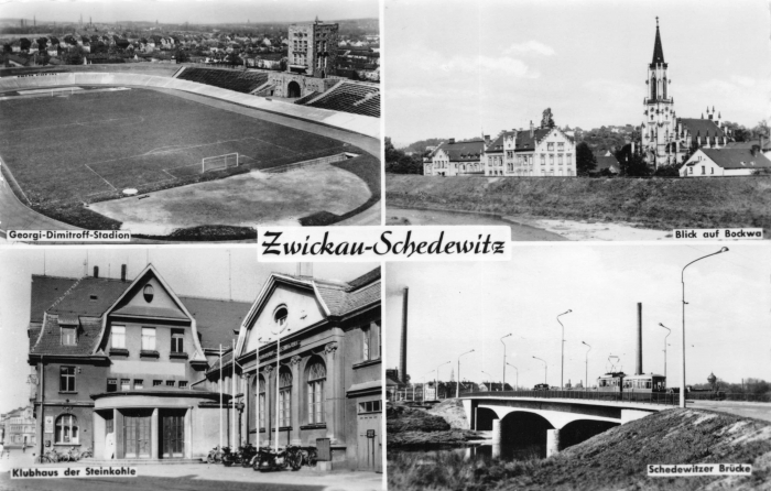 Georgi-Dimitroff-Stadion, Blick auf Bockwa, Klubhaus der Steinkohle, Schwedewitzer Brücke