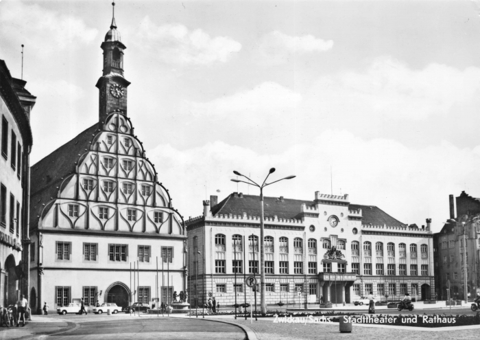 Vorderansicht - Zwickau - Stadttheater und Rathaus, 1977 - Sehr schöne Postkarte von Zwickau Echt Foto